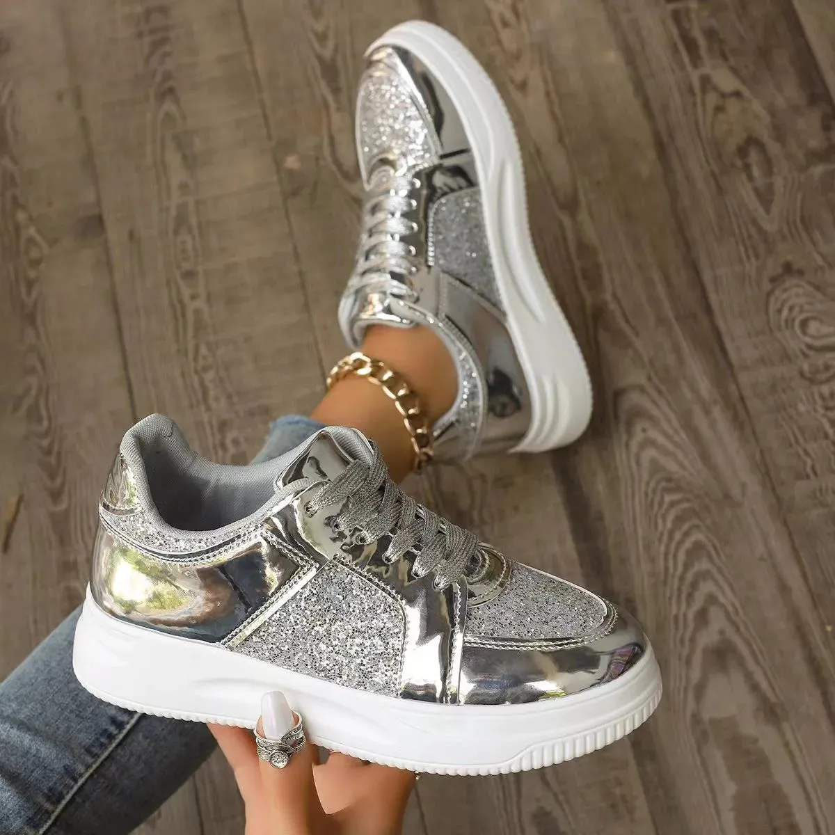 Amozae-Flat Wedges Sneakers Comfortable Sequins Badminton Shoes Fashion Women's Vulcanize Shoes Running Fitness Walking