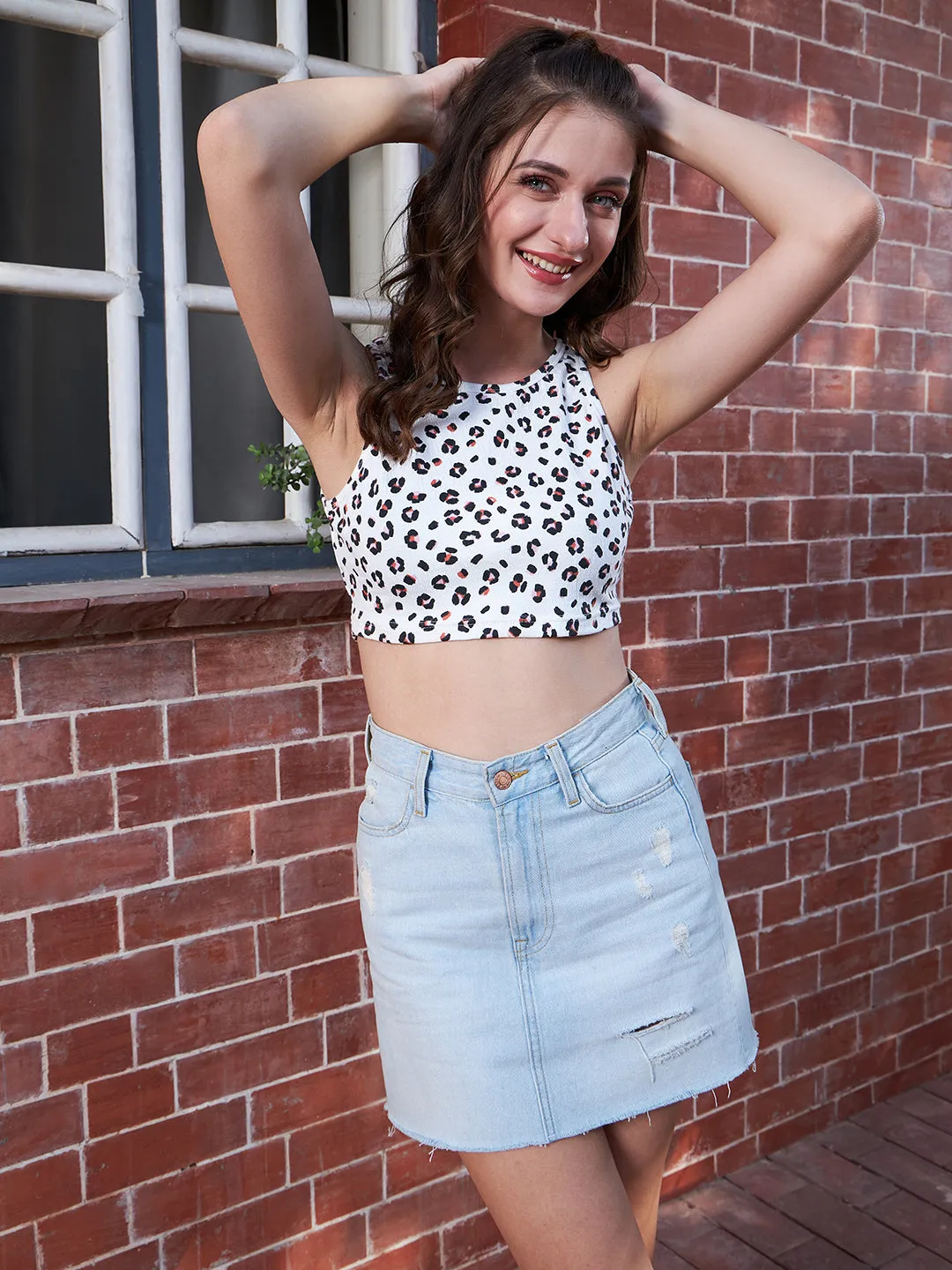 Berrylush Women White, Brown, & Black Animal Printed Round Neck Sleeveless Cotton Blend Crop Tank Top