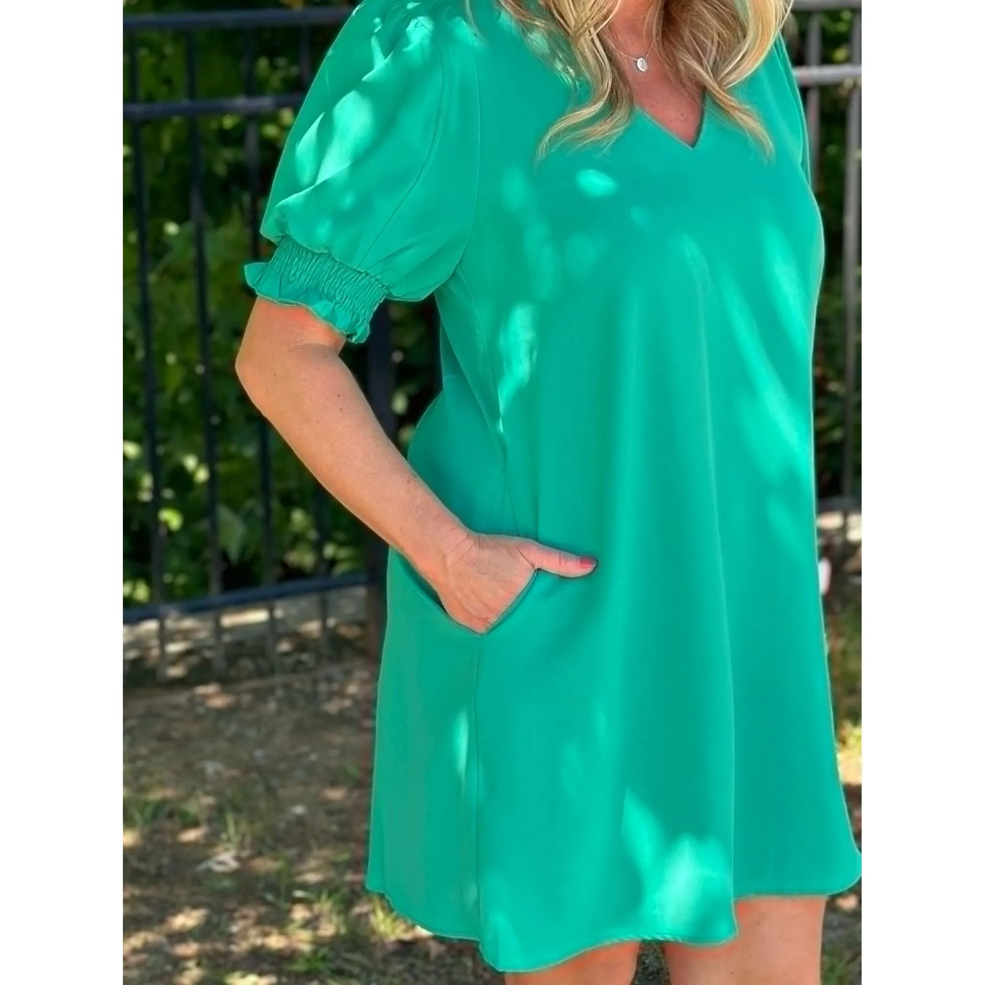 Denise Solid Side Pockets Dress - Emerald - FINAL SALE