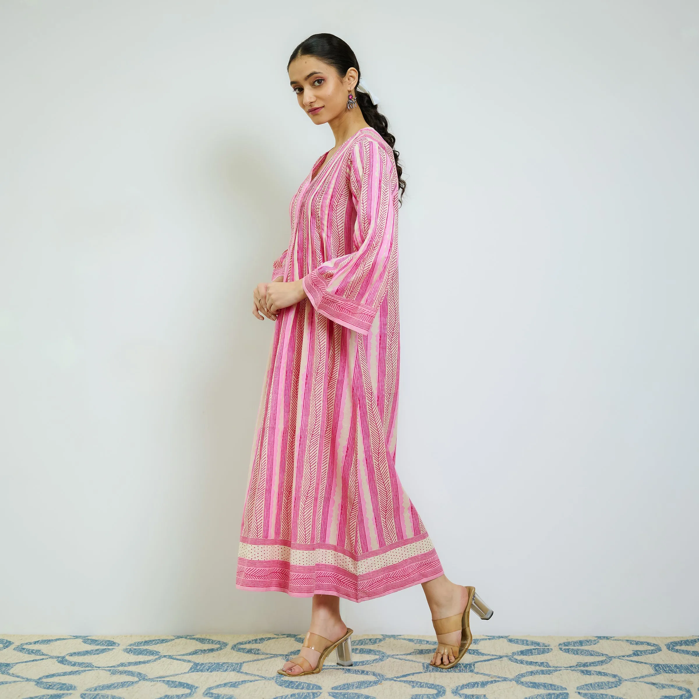 Dusty Pink Cotton A-line Dress with Pintuck Detail