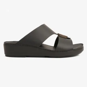 FARADA MODERN LEATHER ARABIC SANDALS WITH BRASS DOUBLE F TRIM BLACK
