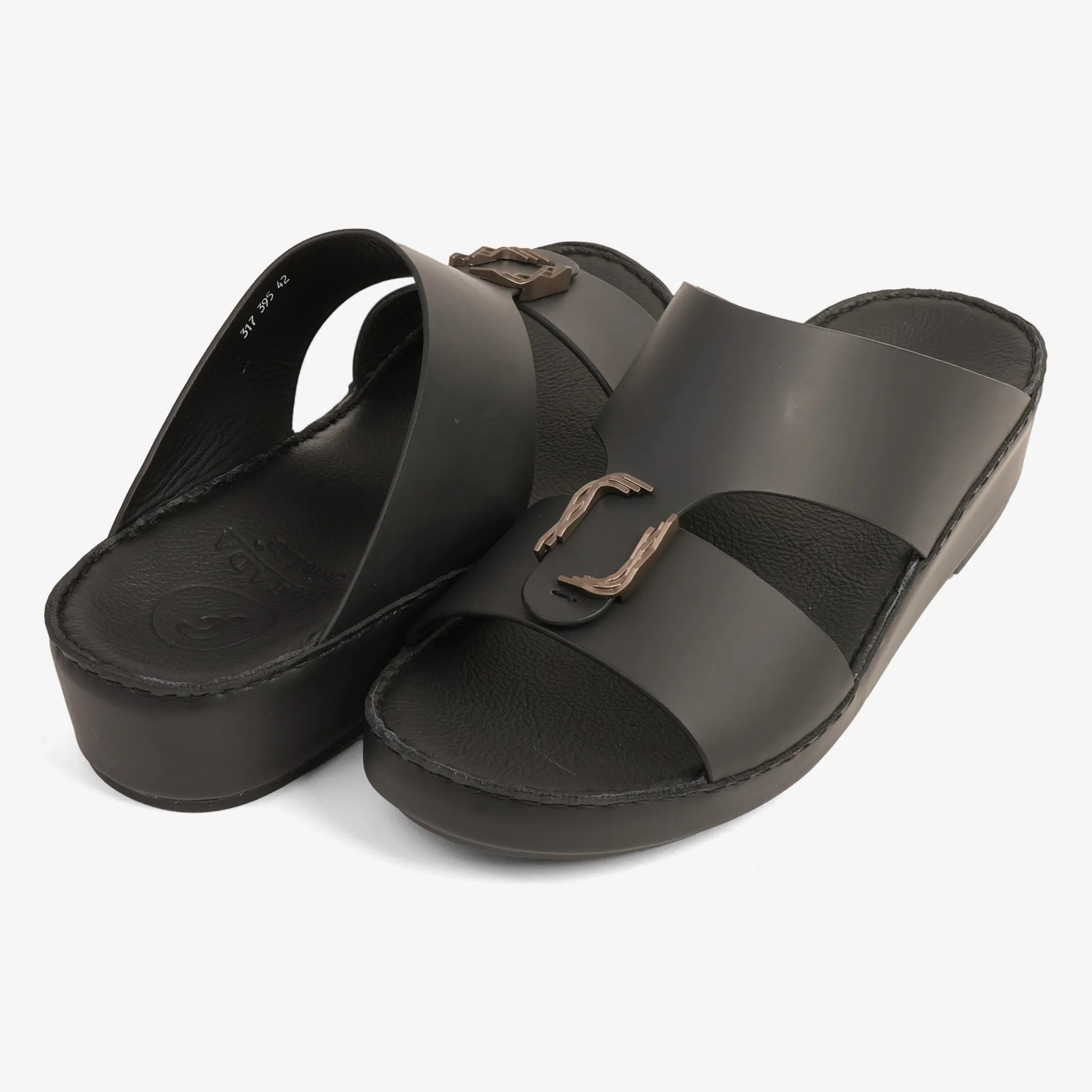 FARADA MODERN LEATHER ARABIC SANDALS WITH BRASS DOUBLE F TRIM BLACK