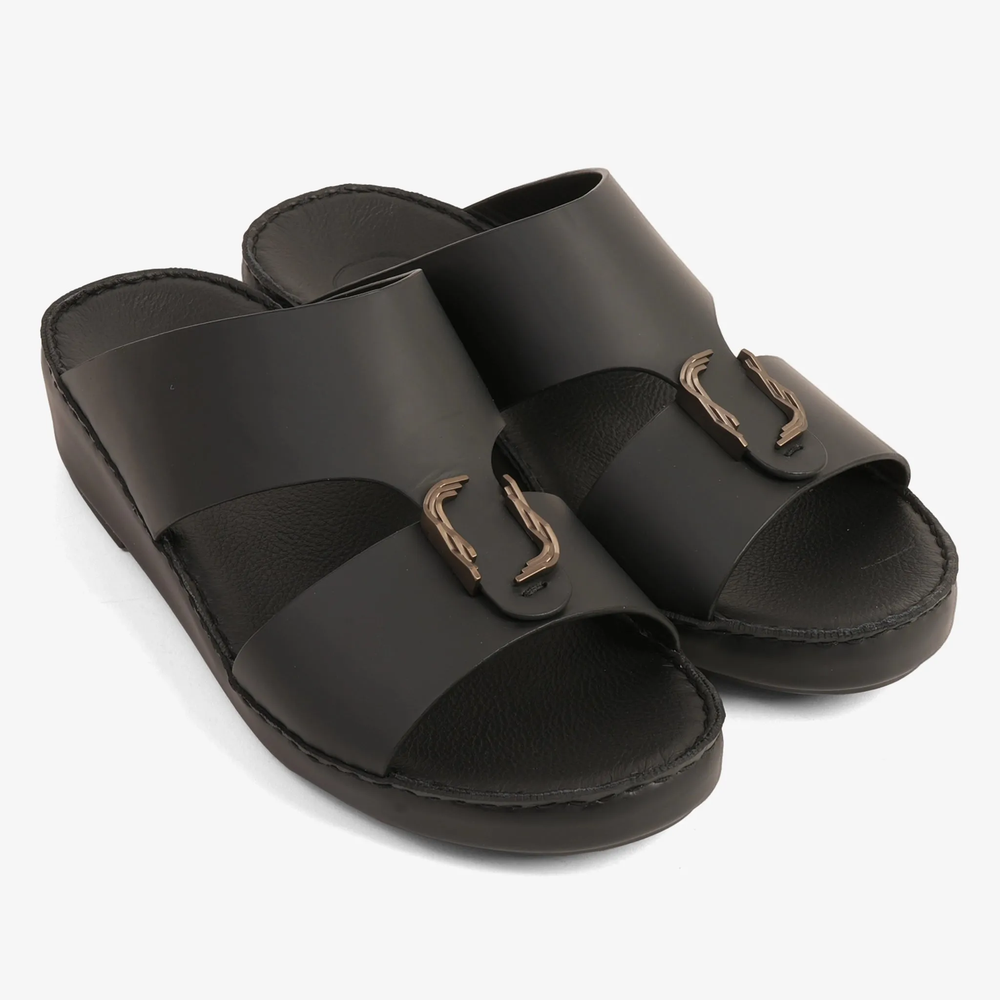 FARADA MODERN LEATHER ARABIC SANDALS WITH BRASS DOUBLE F TRIM BLACK