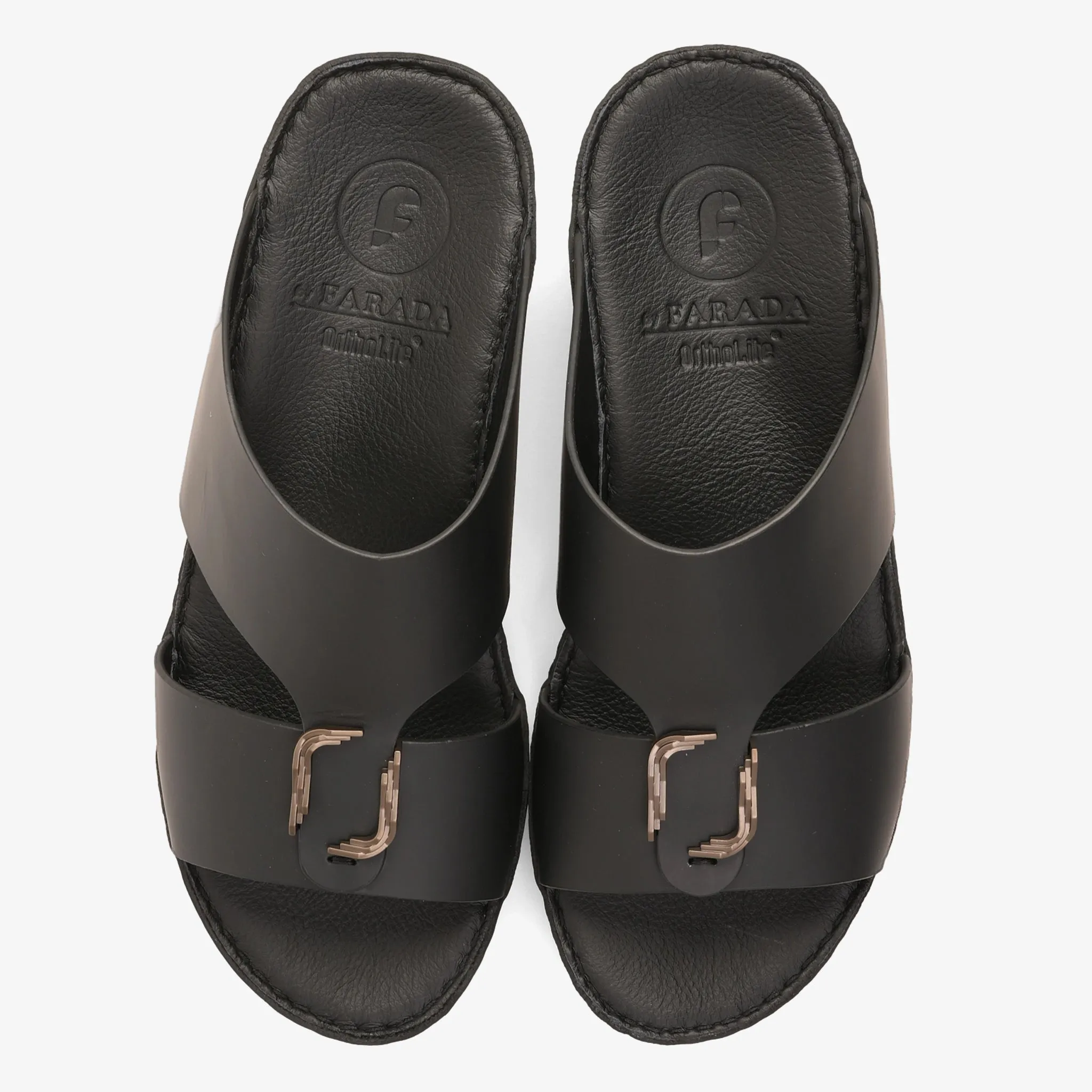 FARADA MODERN LEATHER ARABIC SANDALS WITH BRASS DOUBLE F TRIM BLACK