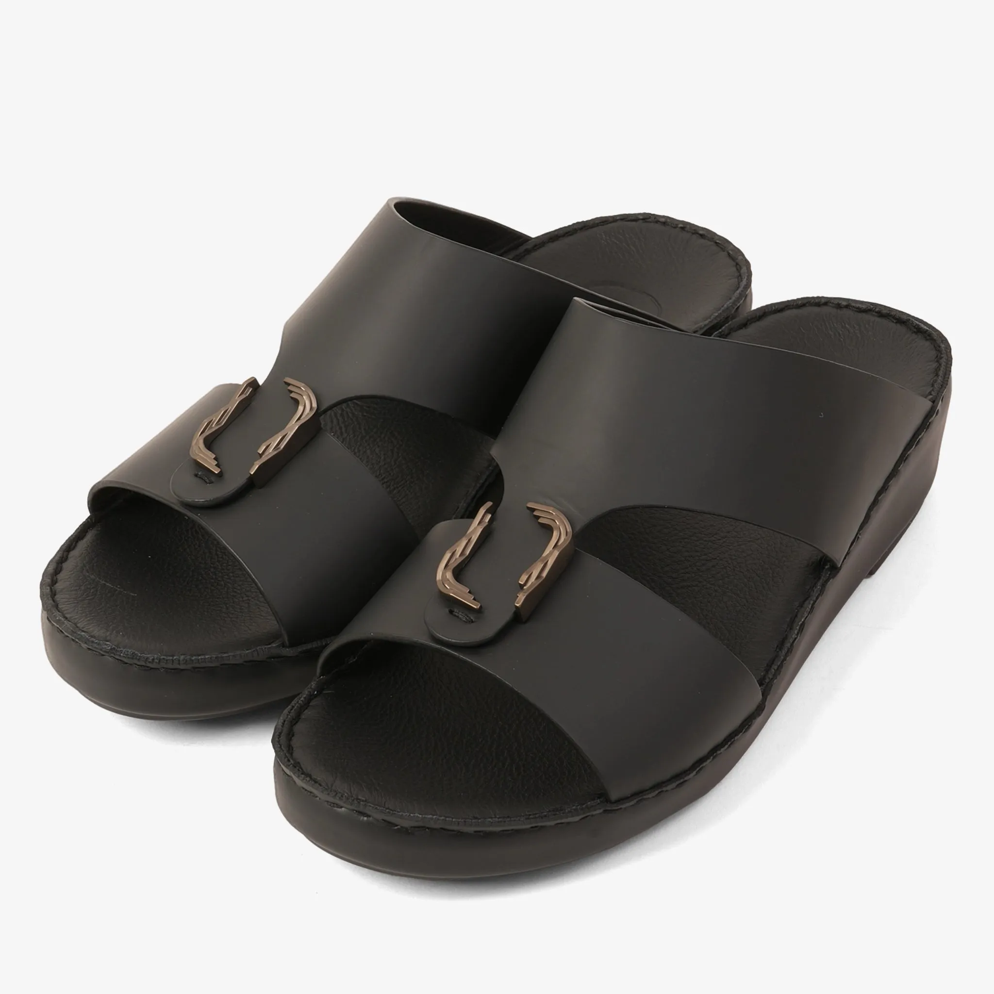 FARADA MODERN LEATHER ARABIC SANDALS WITH BRASS DOUBLE F TRIM BLACK