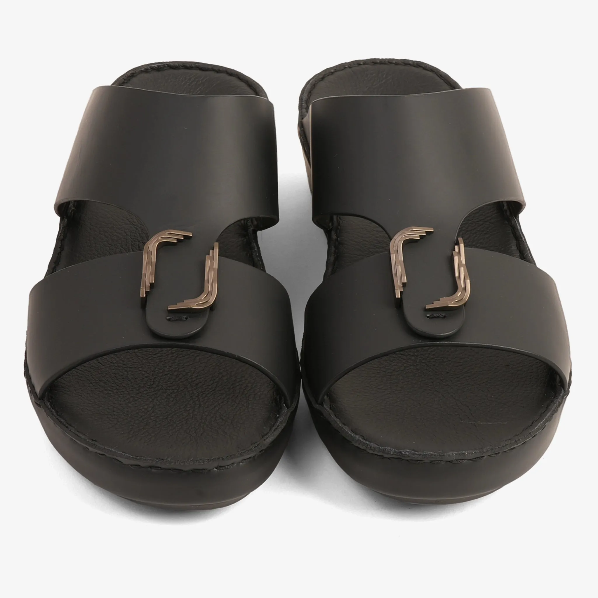 FARADA MODERN LEATHER ARABIC SANDALS WITH BRASS DOUBLE F TRIM BLACK