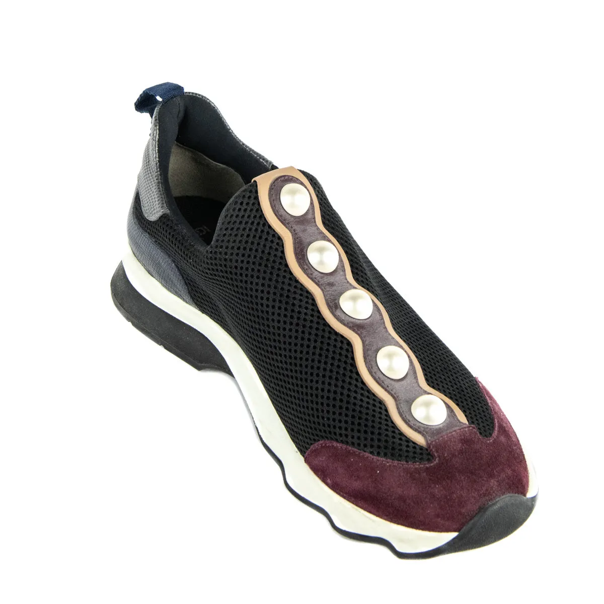 Fendi Black & Burgundy Mesh Pearl Technical Slip On Sneakers Size US 11 | EU 41
