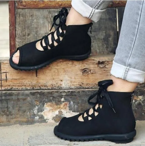 Gladiator Peep Toe Ankle Lace Up Flats