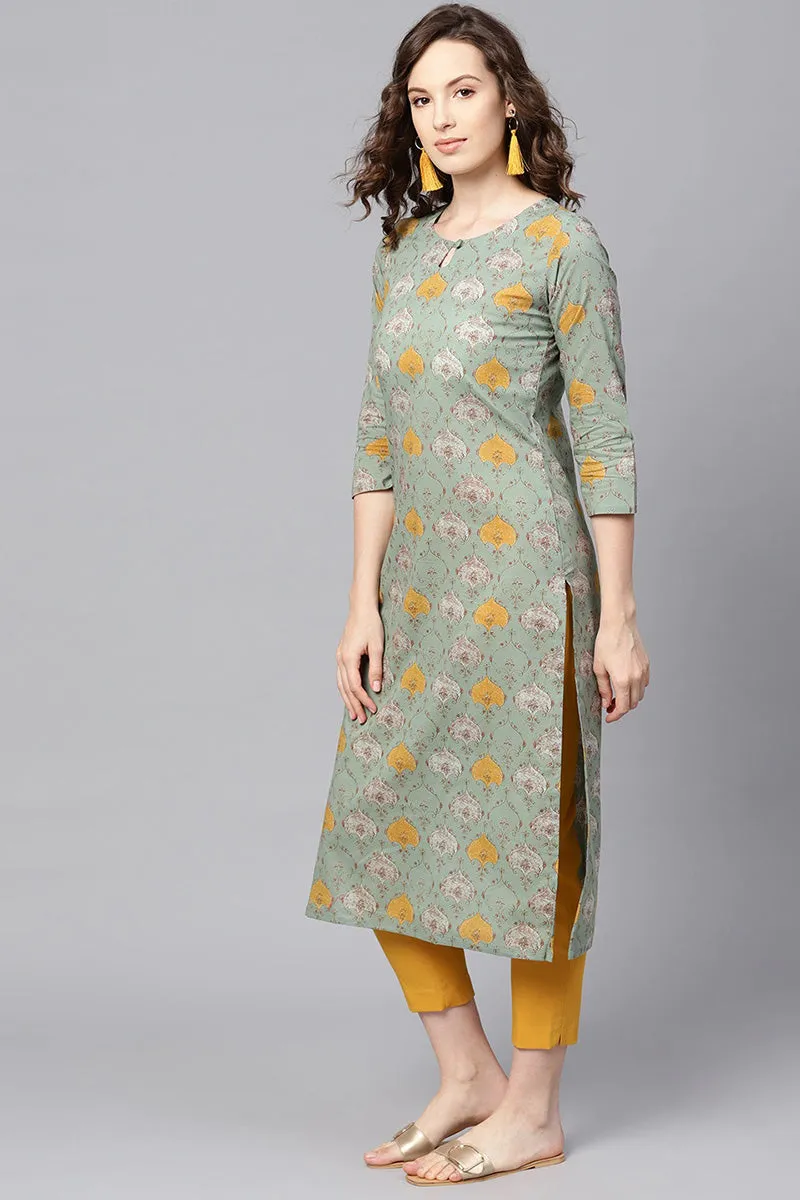 Green & Mustard Yellow Printed Straight Kurta