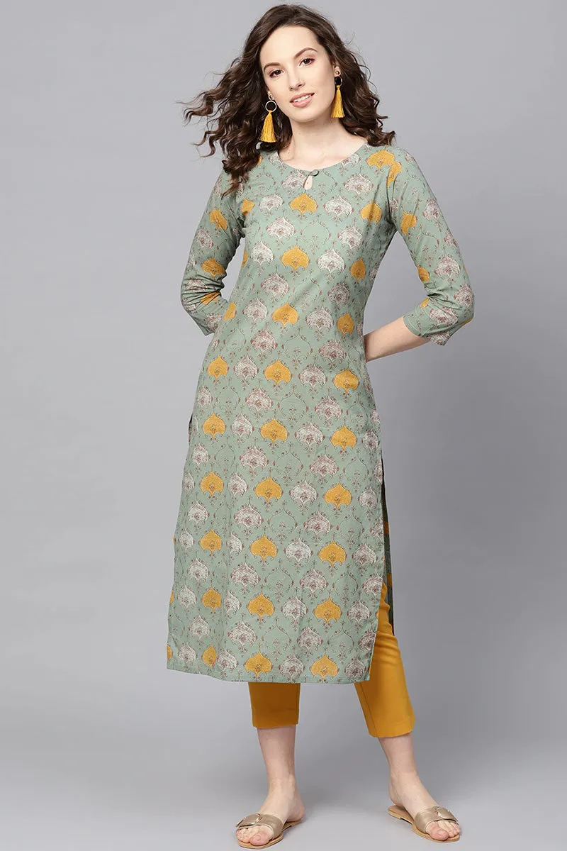 Green & Mustard Yellow Printed Straight Kurta