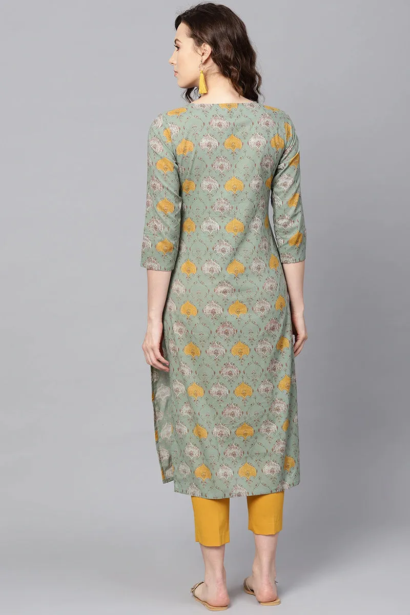 Green & Mustard Yellow Printed Straight Kurta
