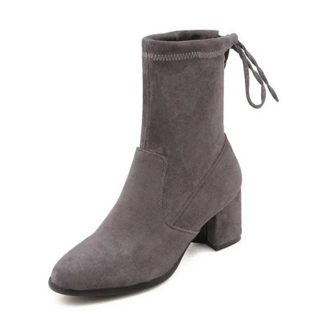 High Heel Round Toe Mid Calf Mature Simple Ankle Boots