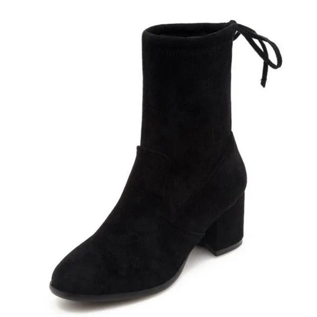 High Heel Round Toe Mid Calf Mature Simple Ankle Boots