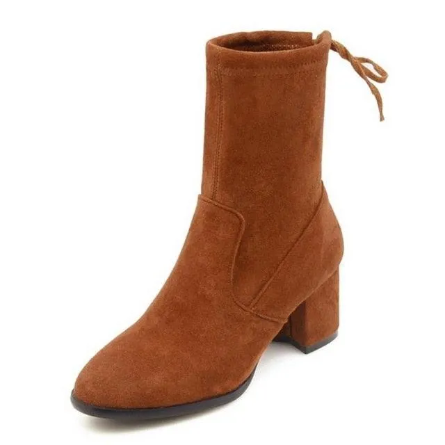 High Heel Round Toe Mid Calf Mature Simple Ankle Boots