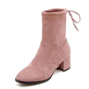 High Heel Round Toe Mid Calf Mature Simple Ankle Boots