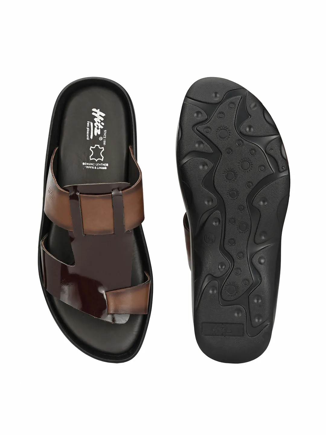 Hitz Men's Brown Leather Toe Ring Comfort Slippers