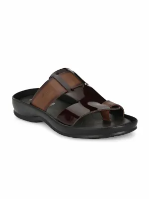 Hitz Men's Brown Leather Toe Ring Comfort Slippers