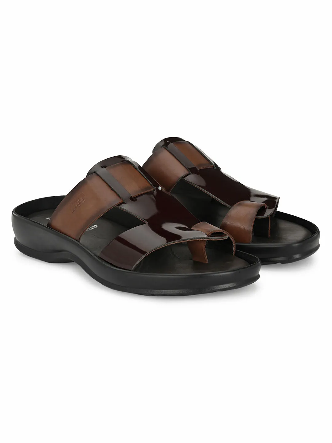 Hitz Men's Brown Leather Toe Ring Comfort Slippers