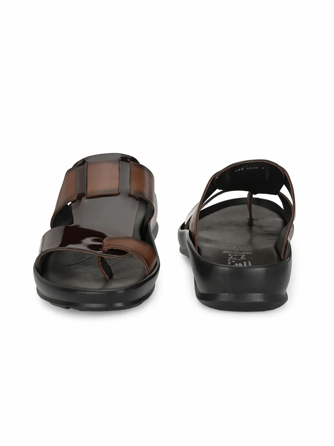 Hitz Men's Brown Leather Toe Ring Comfort Slippers