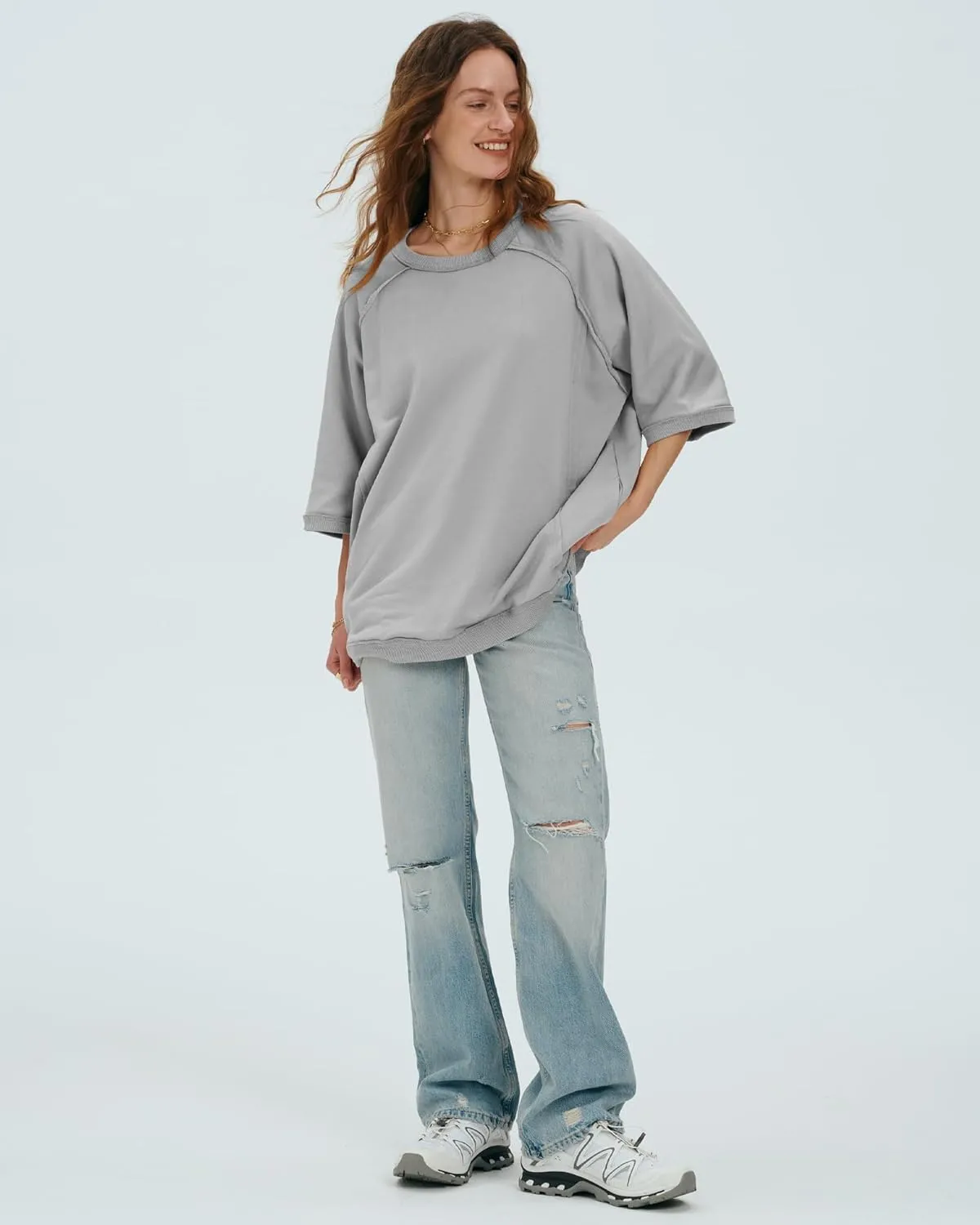 Locachy Women's Casual Crew Neck Sweatshirt Oversized 3/4 Sleeve Pullover Tops 2025 Fashion