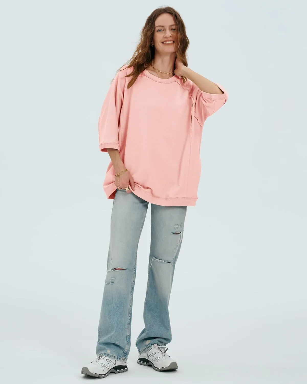 Locachy Women's Casual Crew Neck Sweatshirt Oversized 3/4 Sleeve Pullover Tops 2025 Fashion