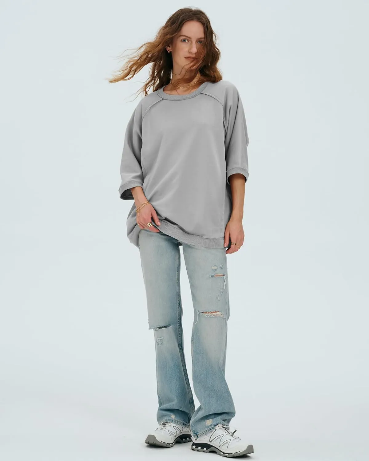 Locachy Women's Casual Crew Neck Sweatshirt Oversized 3/4 Sleeve Pullover Tops 2025 Fashion