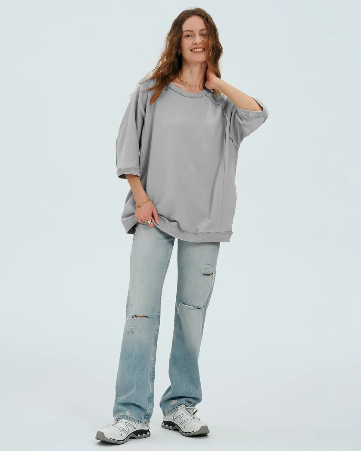 Locachy Women's Casual Crew Neck Sweatshirt Oversized 3/4 Sleeve Pullover Tops 2025 Fashion