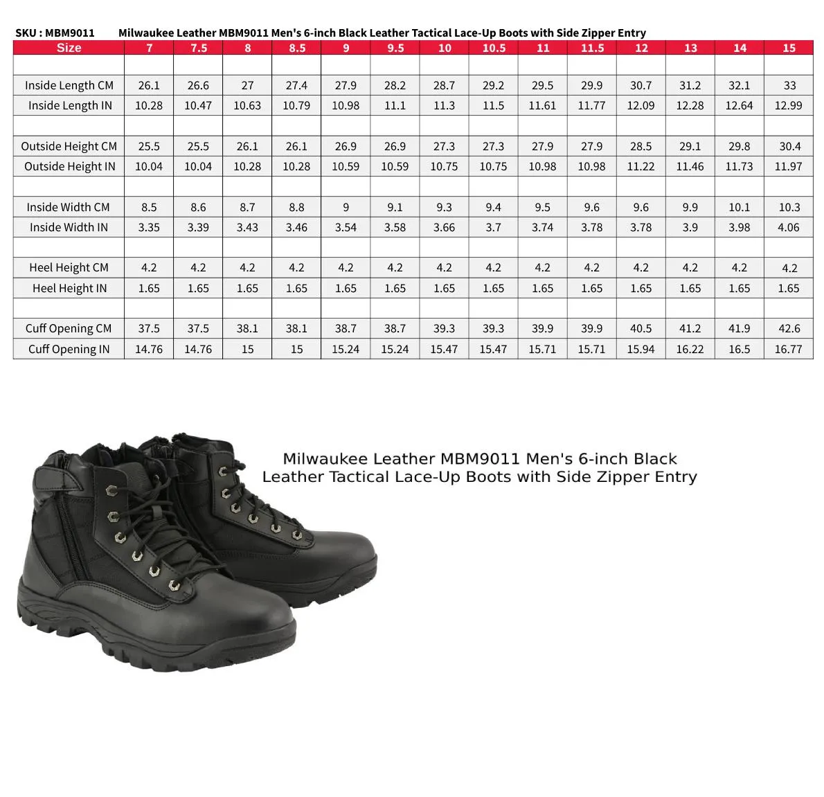 LOW MBM9011 Men's 6-inch Black Leather Tactical Lace-Up Boots with Side Zipper Entry