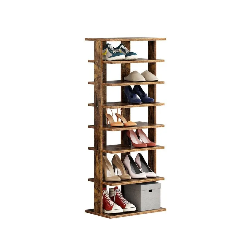 Rustic Brown Double Rows 7-tier Shoe Rack Vertical Entryway Shoe Shelf In Seven Open Shelves Provide Ample Storage Space for Shoes Organized
