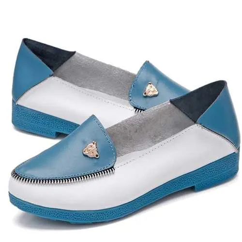 Women Casual Leather Shoes Slip-On Round Toe Loafers Soft Sole Comfortable Flats