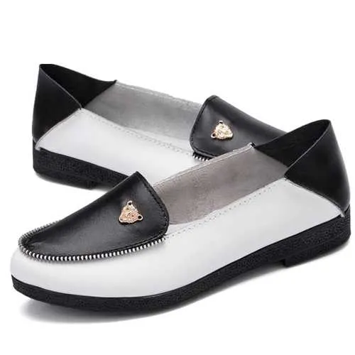 Women Casual Leather Shoes Slip-On Round Toe Loafers Soft Sole Comfortable Flats