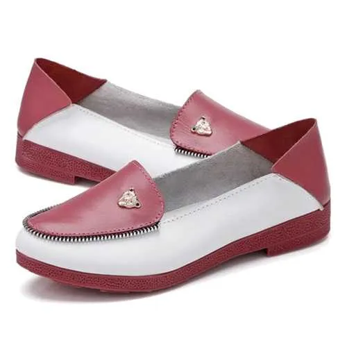 Women Casual Leather Shoes Slip-On Round Toe Loafers Soft Sole Comfortable Flats