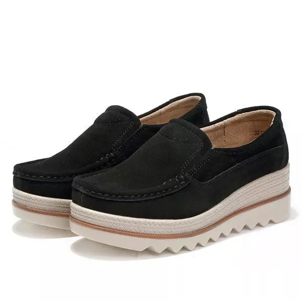 Womens Breathable Suede Round Toe Slip On Platform Shoes