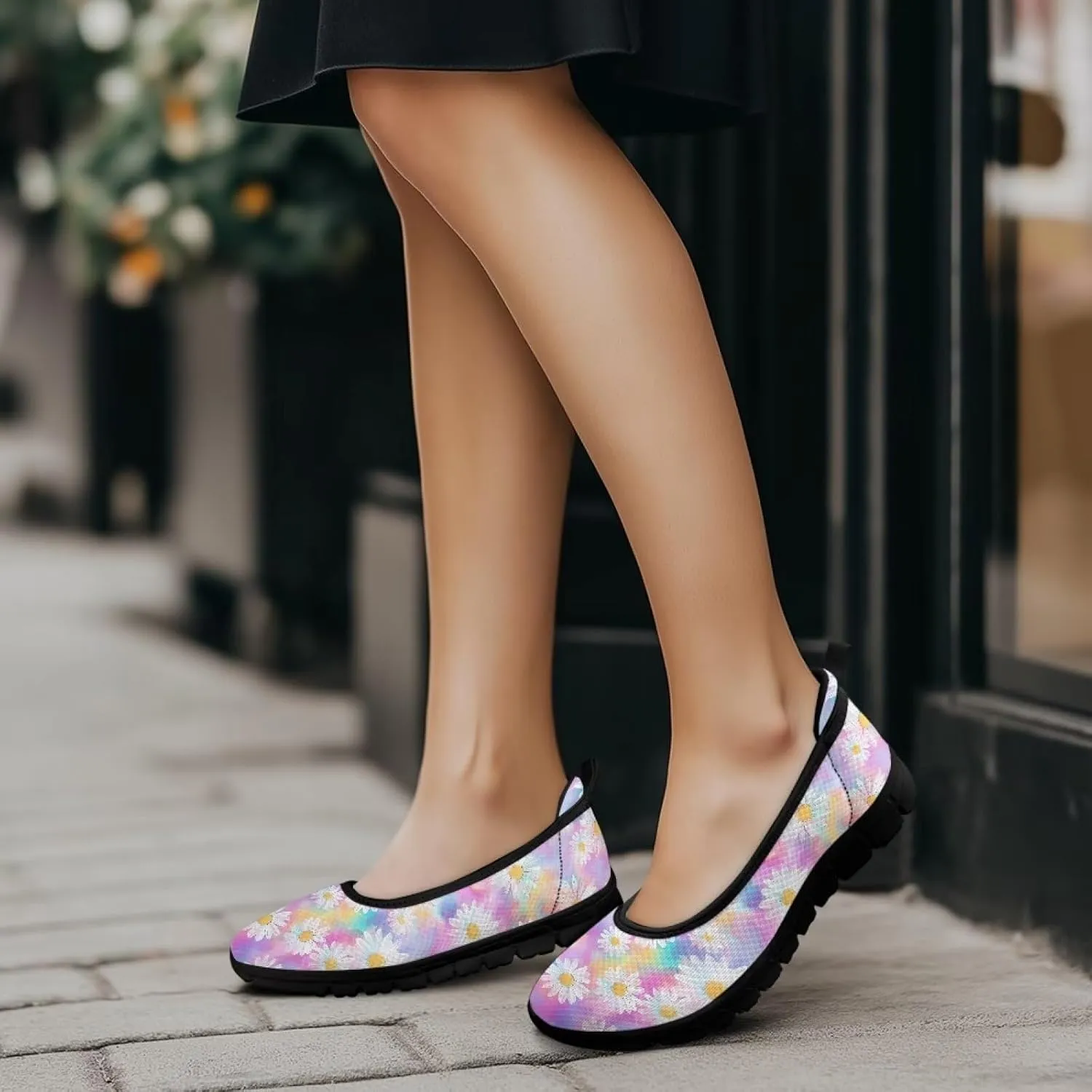Women's Casual Shoes Floral Stylish Everyday Loafers Breathable Non Slip Work Shoes for Indoor Outdoor Size 6-11 Black Sole