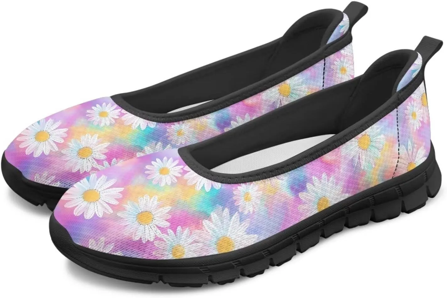 Women's Casual Shoes Floral Stylish Everyday Loafers Breathable Non Slip Work Shoes for Indoor Outdoor Size 6-11 Black Sole